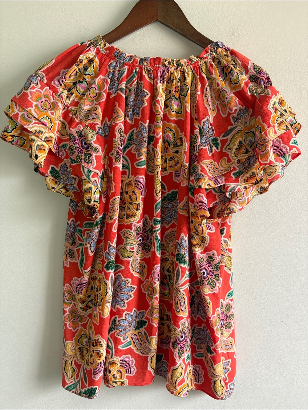 Rose + Olive 1X Coral Floral Flutter Sleeve Boho Blouse Tassel Tie - Picture 6 of 6